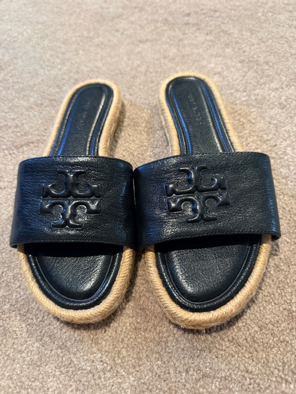 Tory Burch Everly Espadrille Black Leather Slide w/Natural Jute Trim size 5.5